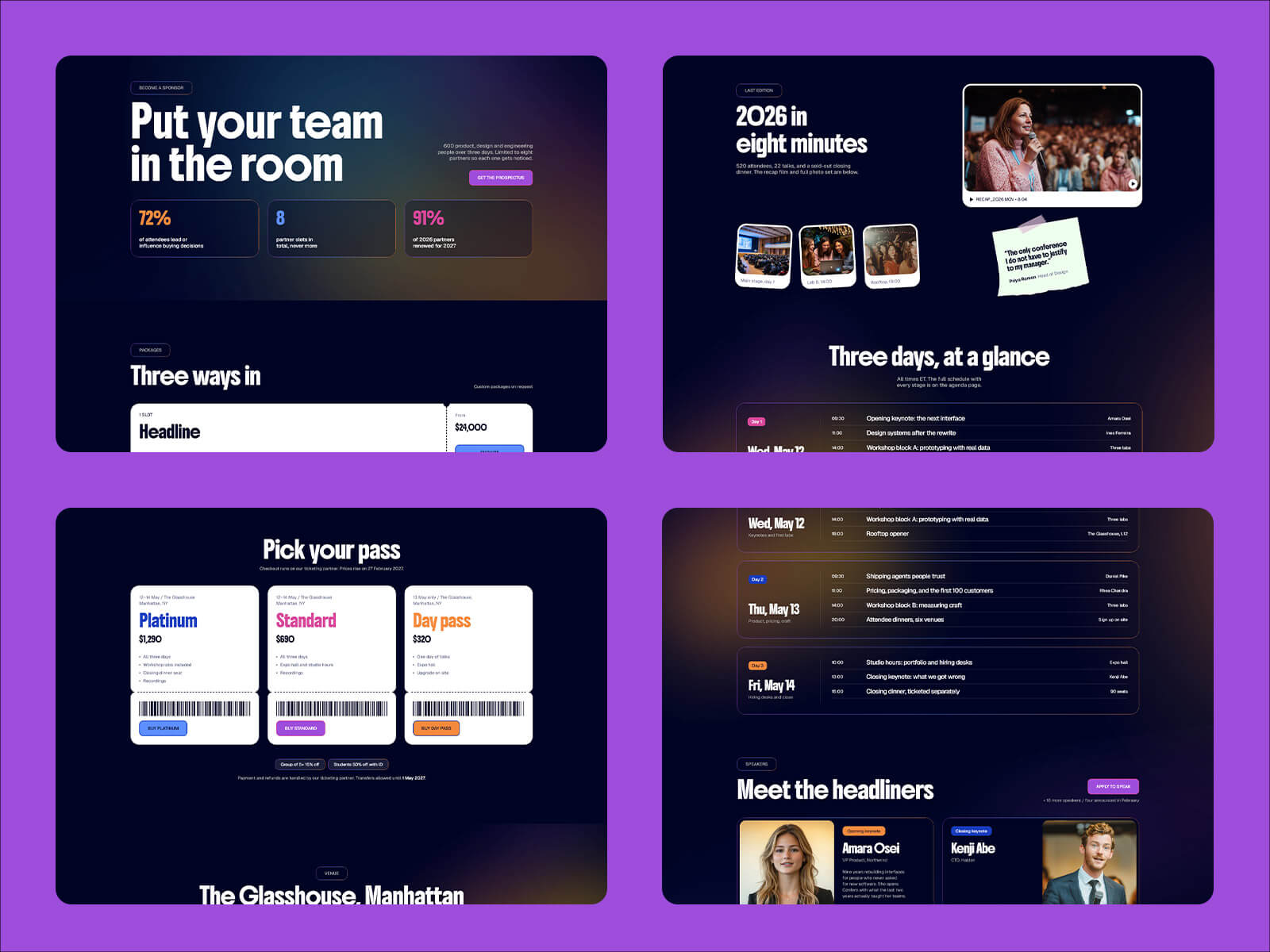 Confero agenda and speakers section for a multi-day event