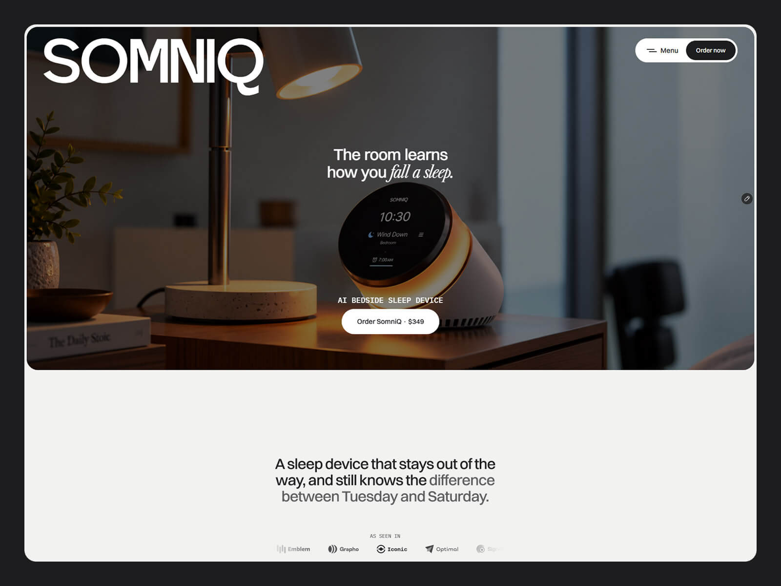 SomniQ product launch website template homepage with calm, product-first design
