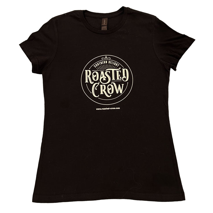 Original Roasted Crow logo, printed loud and proud on a men's or women's black or white T-shirt. Non-shrink, 50/50 cotton/polyester blend. Sizes S-XXL.