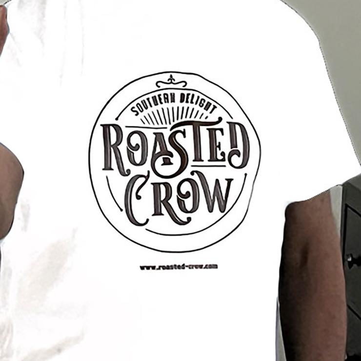 Original Roasted Crow logo, printed loud and proud on a men's white T-shirt. Non-shrink, 50/50 cotton/polyester blend. Sizes S-XXL.