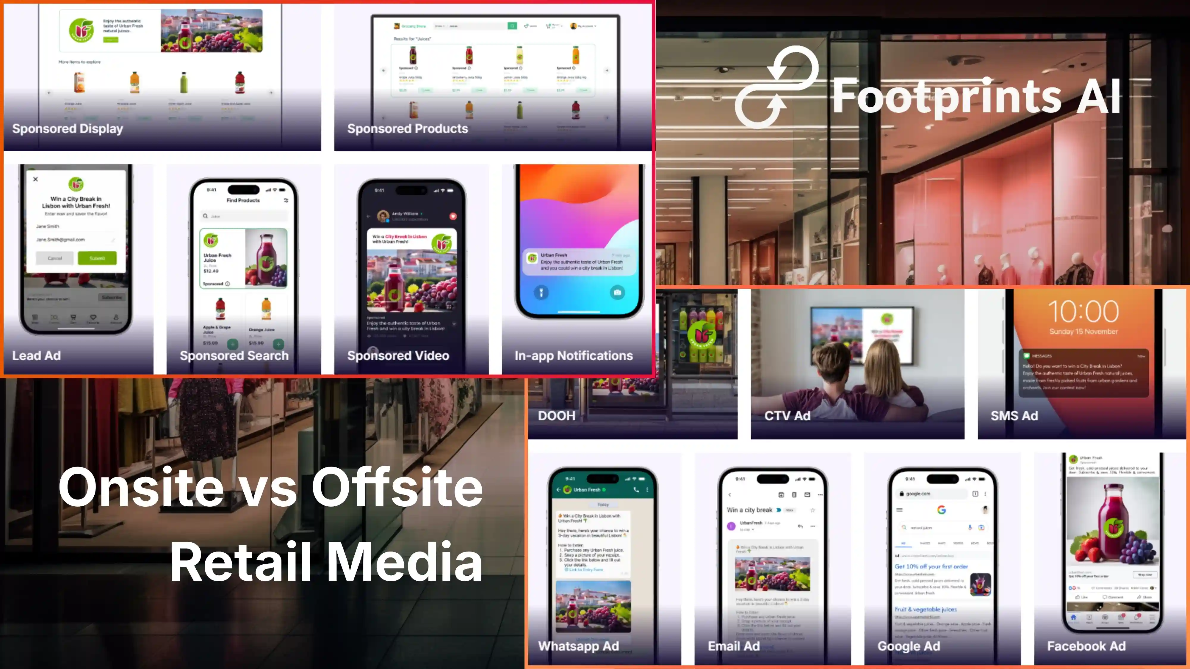 Ecossistema de Retail Media mostrando publicidade onsite em lojas e nos canais digitais do varejista, juntamente com publicidade offsite em redes sociais, open web e connected TV