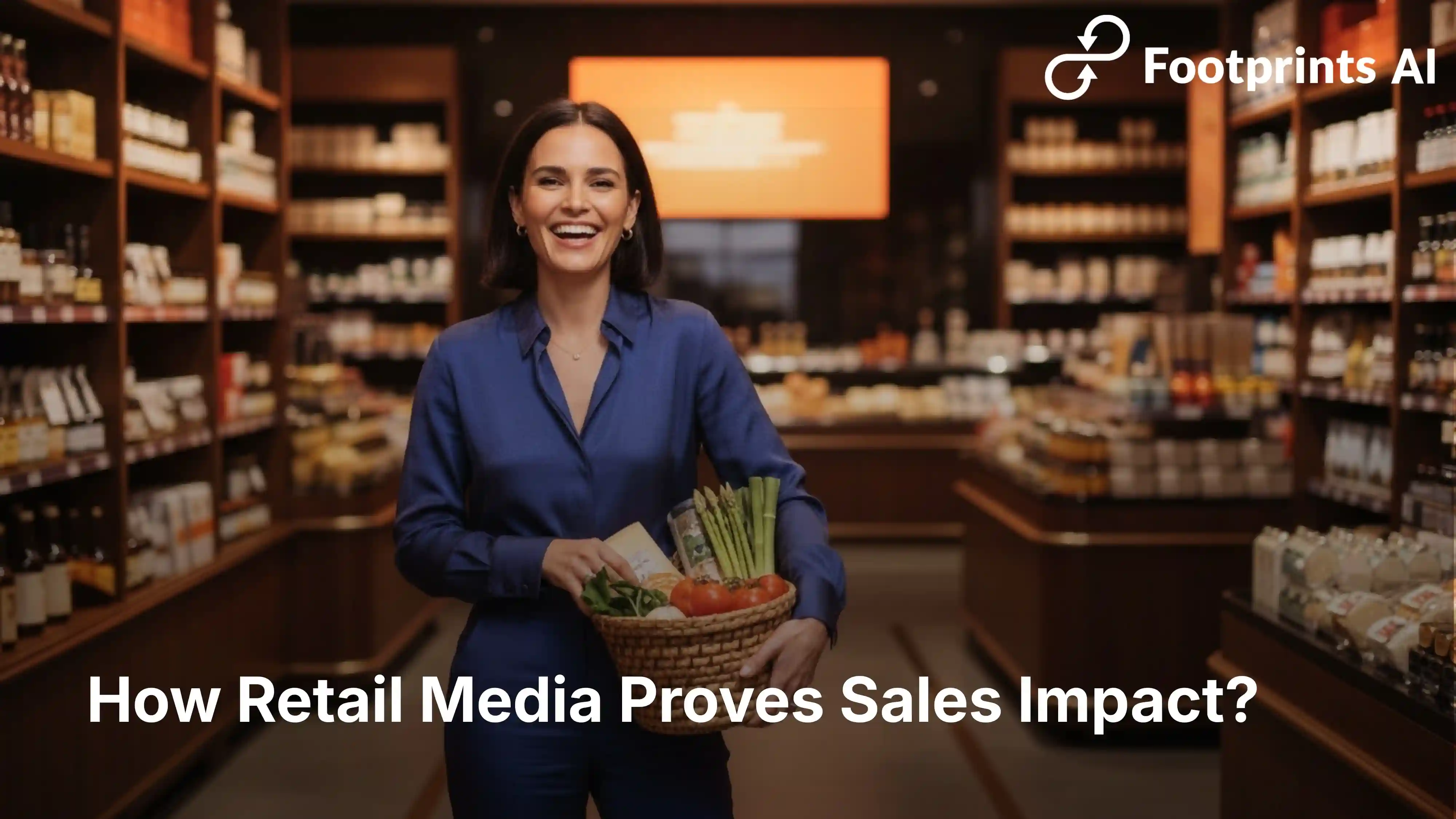 Smiling woman holding a basket of fresh groceries in a retail store, illustrating real shopper purchase behavior and closed-loop measurement in retail media — blog cover for Footprints AI article “How Retail Media Proves Sales Impact.”