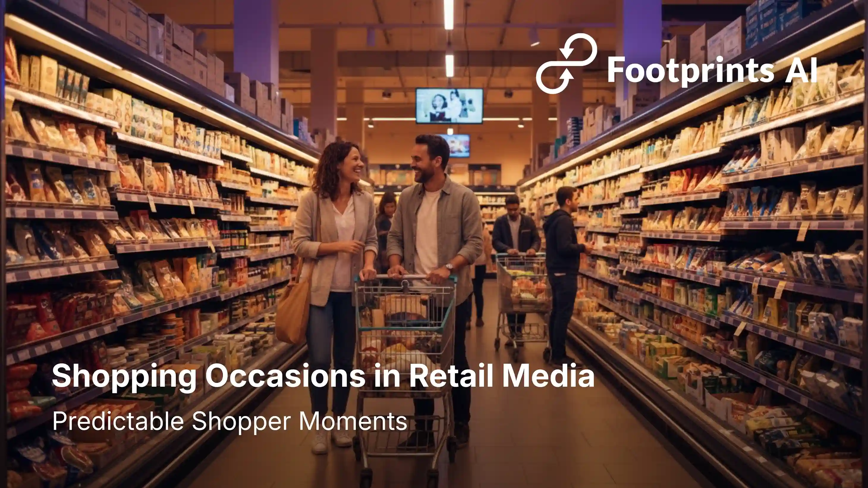 Para idąca z wózkiem zakupowym alejką supermarketu, przedstawiająca przewidywalne momenty zakupowe i wzorce zachowań klientów w Retail Media.