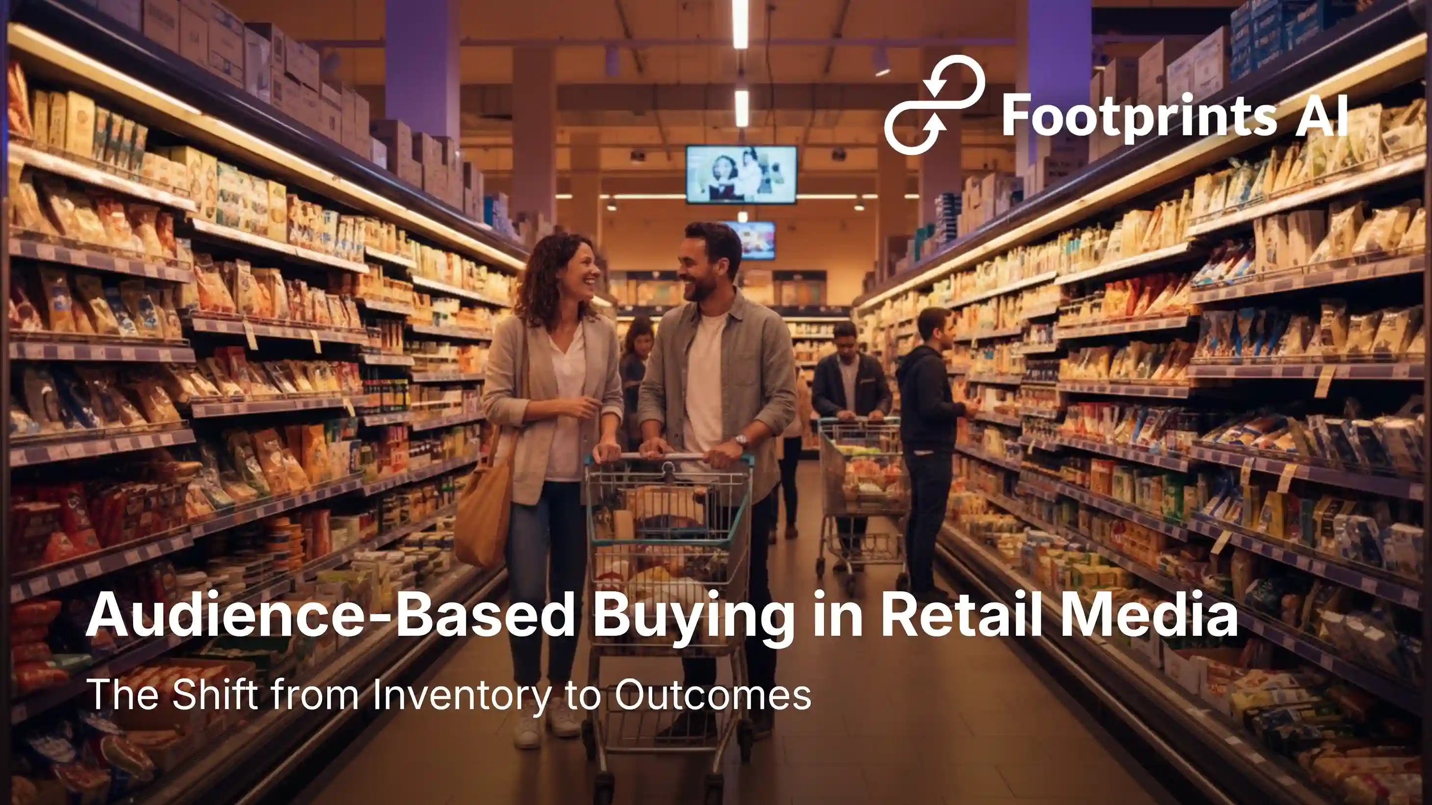 Couple shopping with a cart in a supermarket aisle, illustrating shopper behavior and data-driven targeting for audience-based buying in retail media