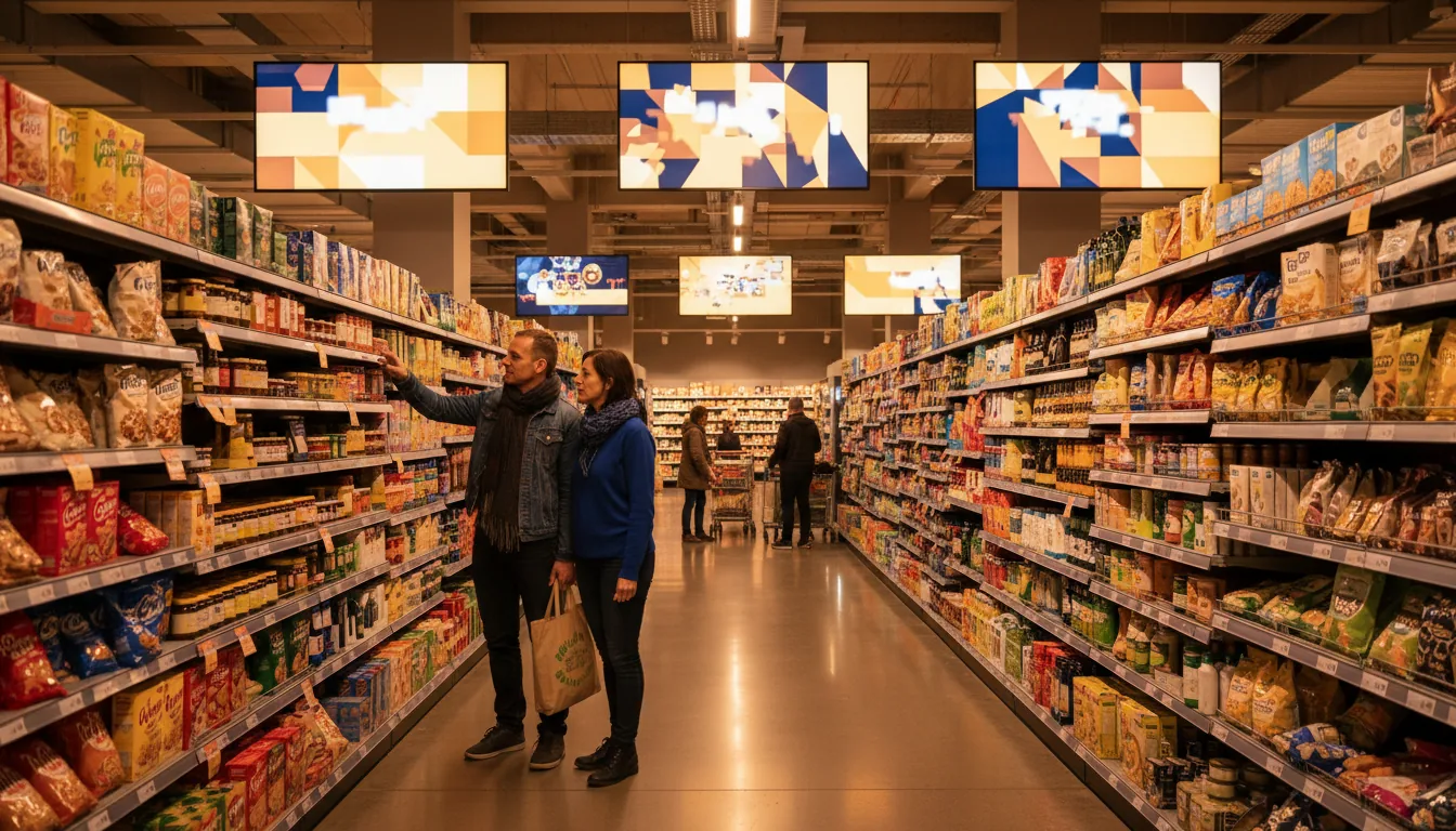 Grocery aisle with retail media measurement overlay