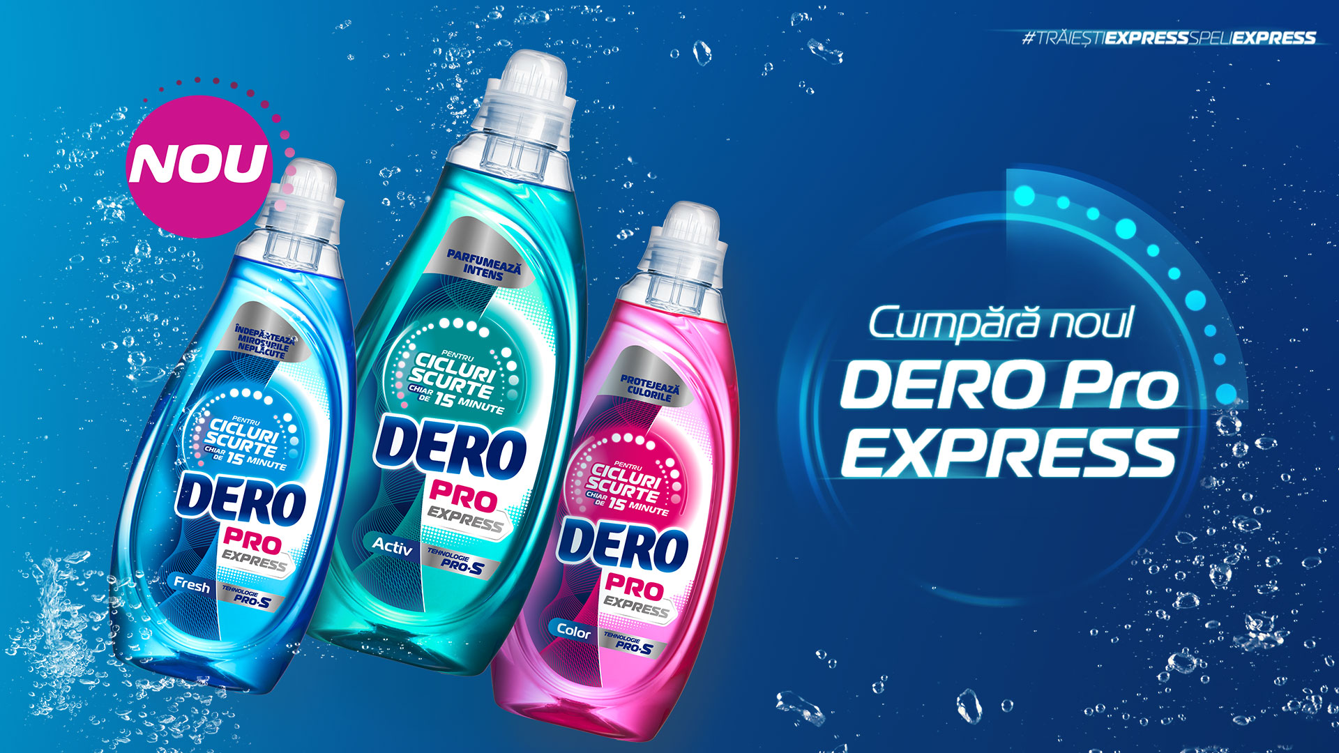 Botellas de detergente Dero Pro Express sobre fondo azul