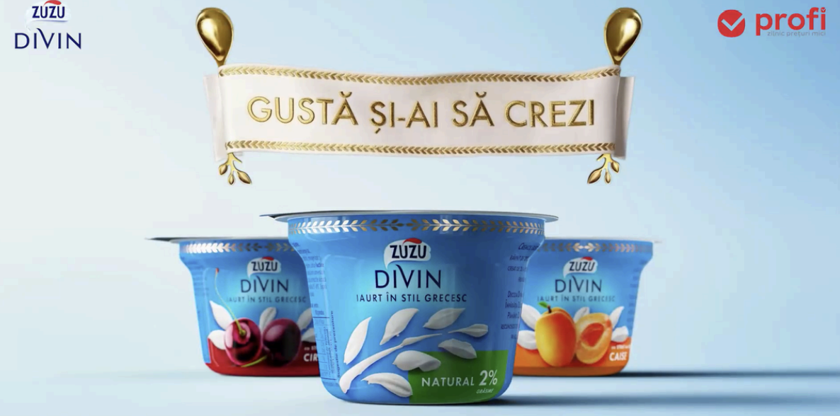 Vasos de yogur Zuzu Divin bajo texto en rumano y un logotipo de Profi