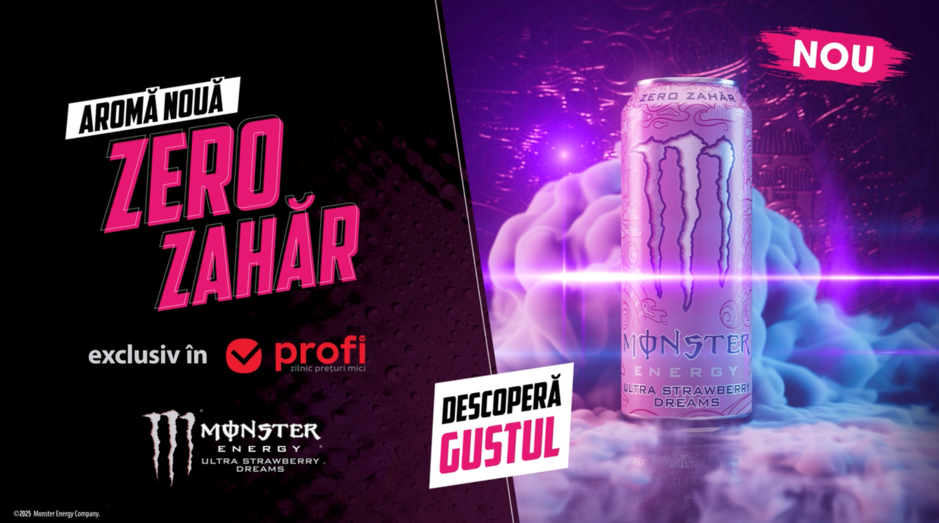 Lata de Monster Energy Ultra Strawberry Dreams en un anuncio sin azúcar