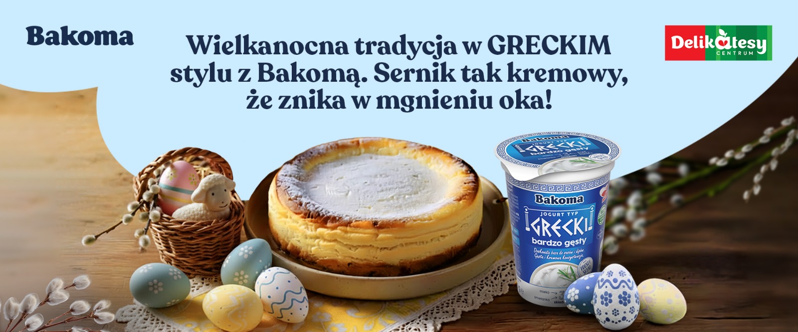 Anuncio de Pascua de Bakoma con pastel, huevos de chocolate y yogur