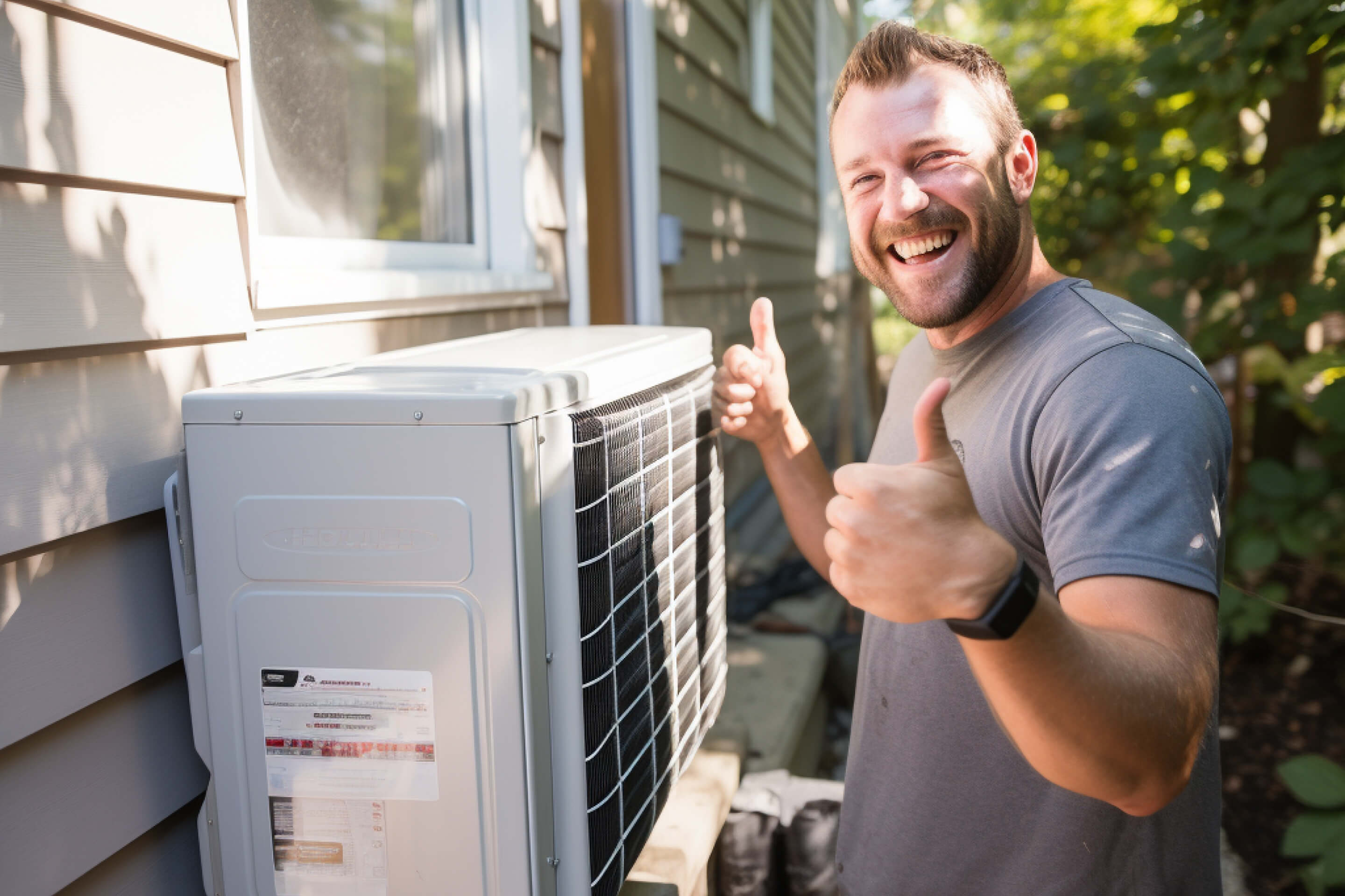 Man standing next to a heat pump