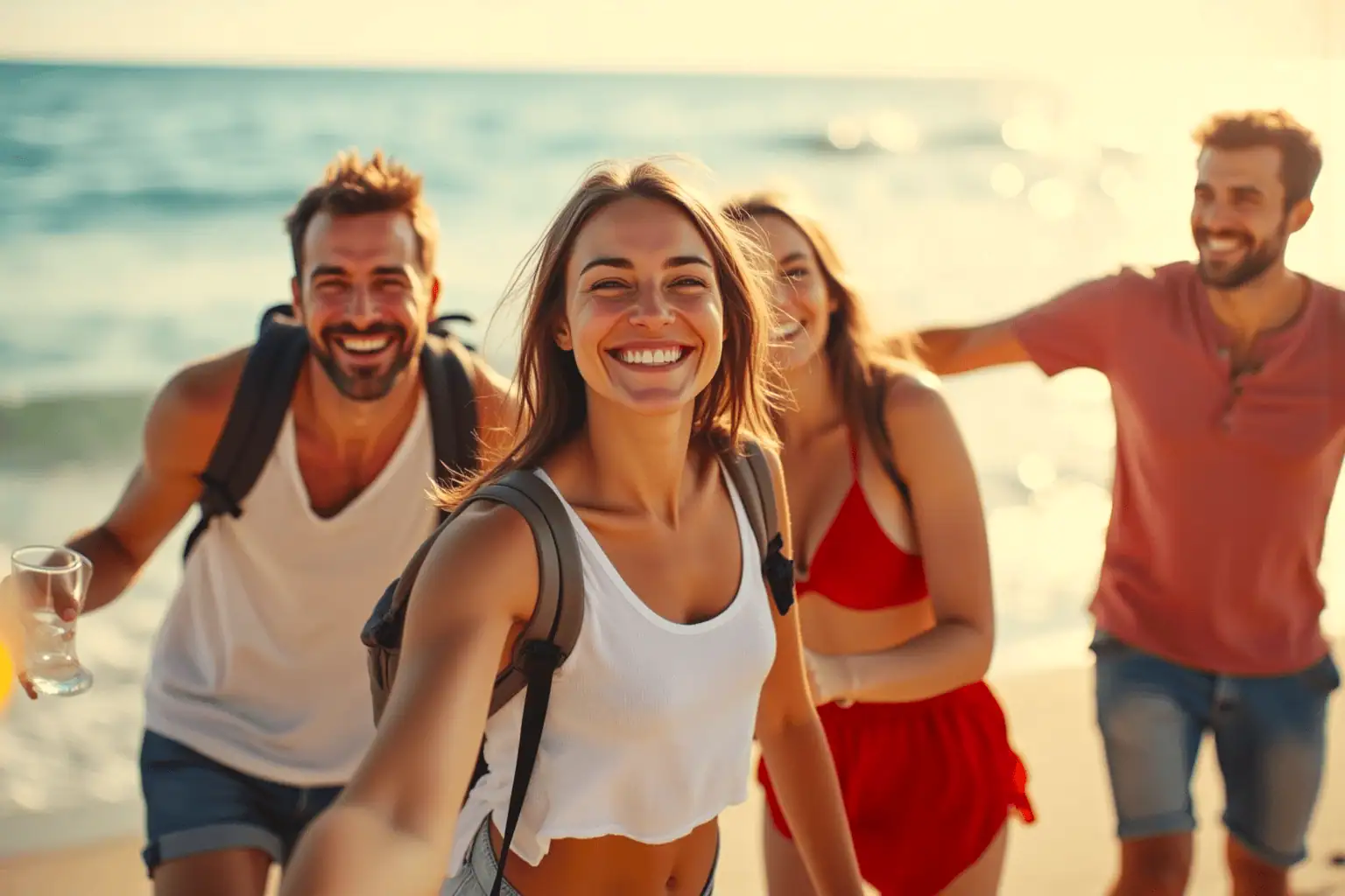 Turisté na pláži u tyrkysového moře - generováno AI