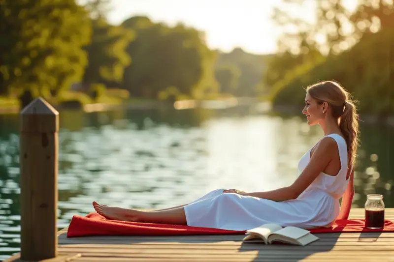 Žena relaxuje u jezera - generováno AI