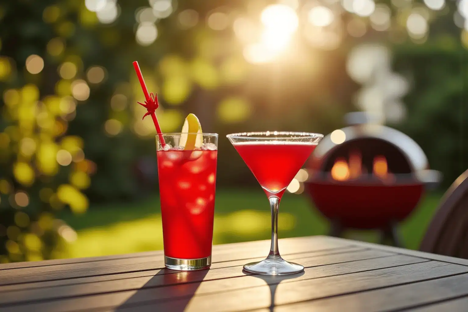 Červené drinky na zahradním stole - generováno AI