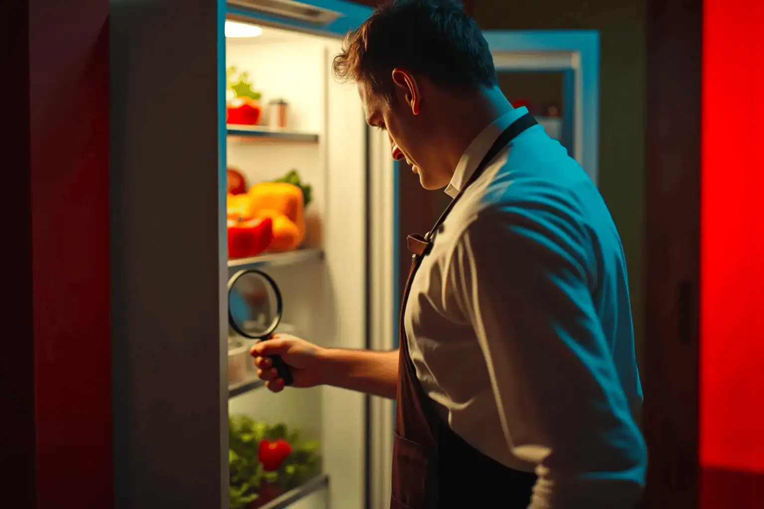 Muž s lupou kontrolující lednici - generováno AI