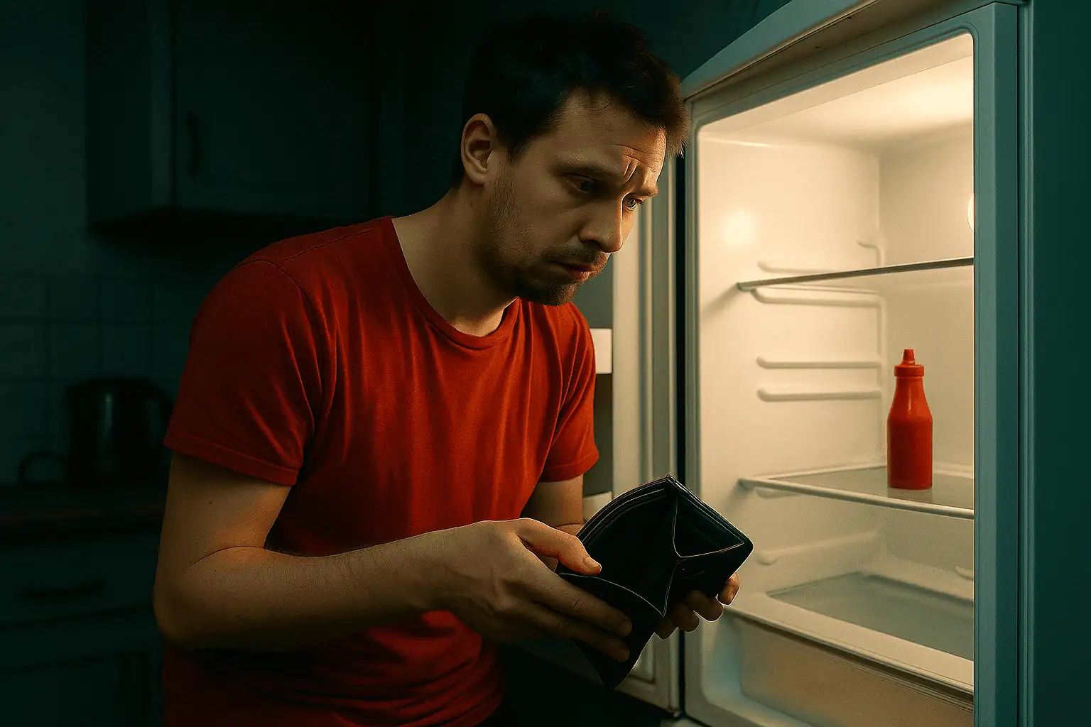 Muž s prázdnou peněženkou a lednicí - generováno AI