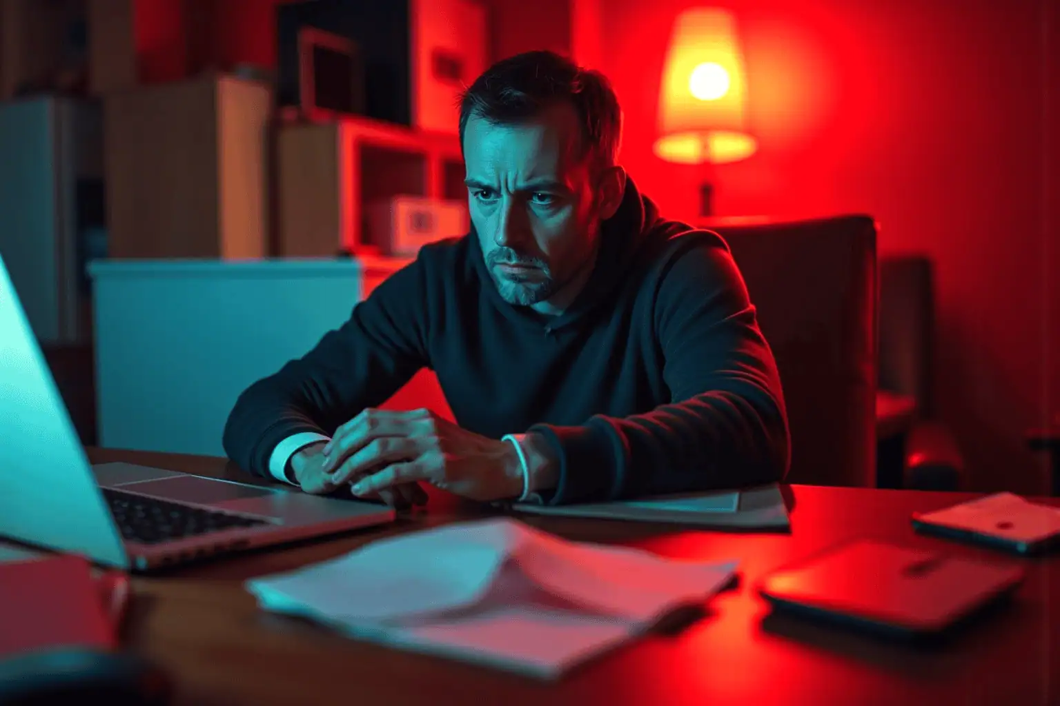 Zamyšlený muž u notebooku řešící půjčku bez registru - generováno AI