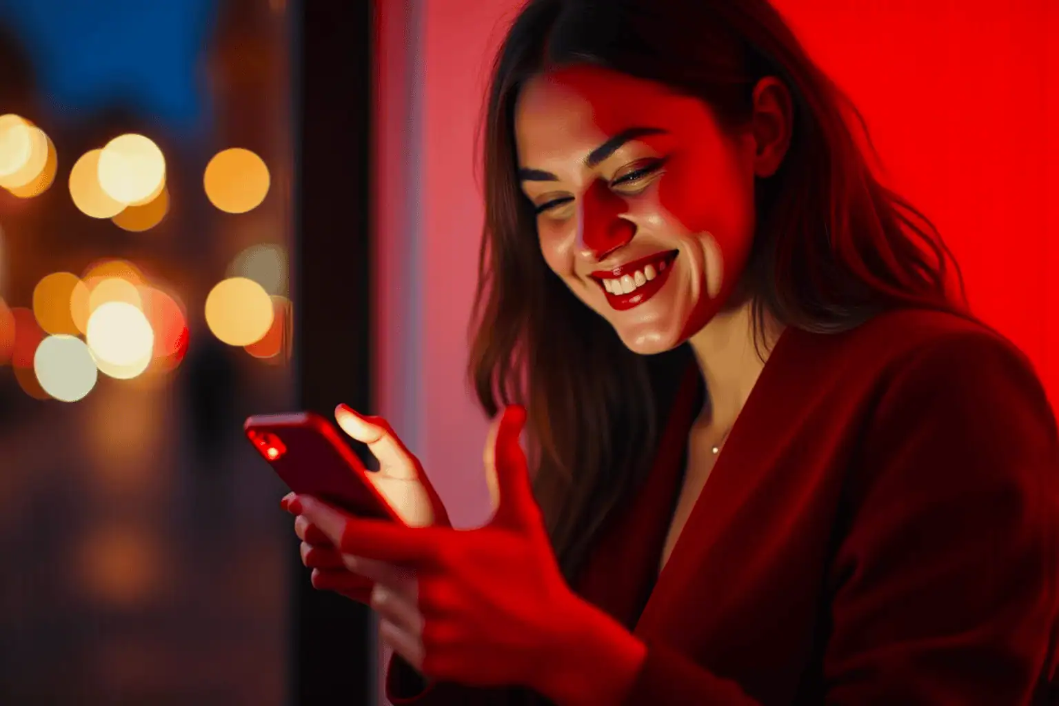 Žena usmívající se do telefonu - generováno AI