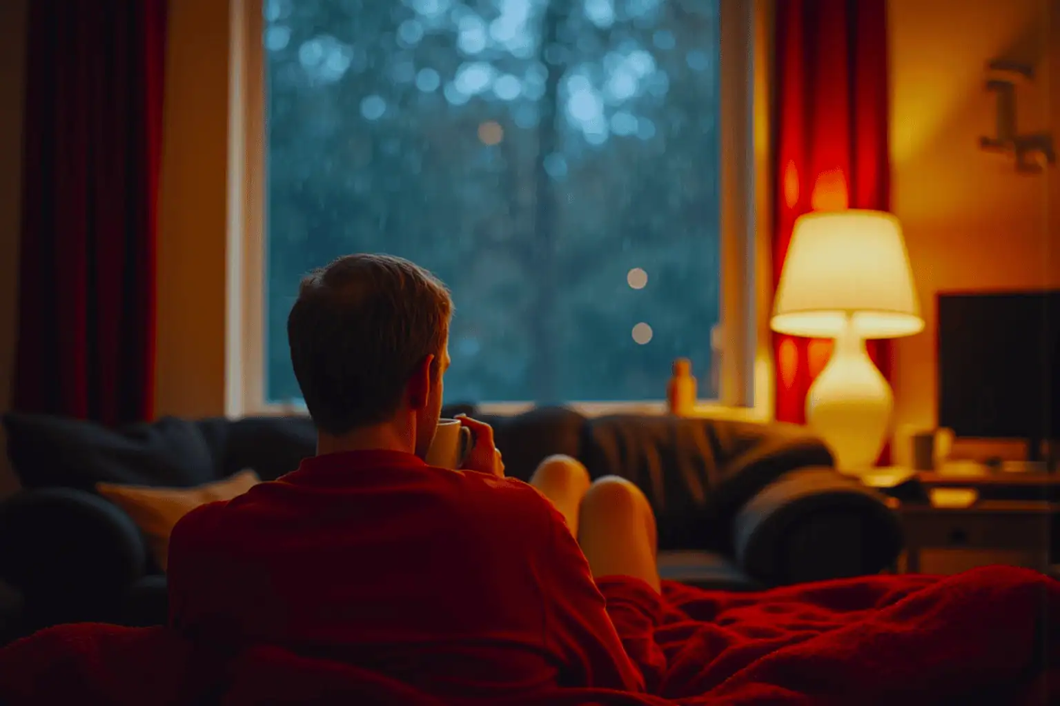Muž v obývacím pokoji koukající na déšť - generováno AI