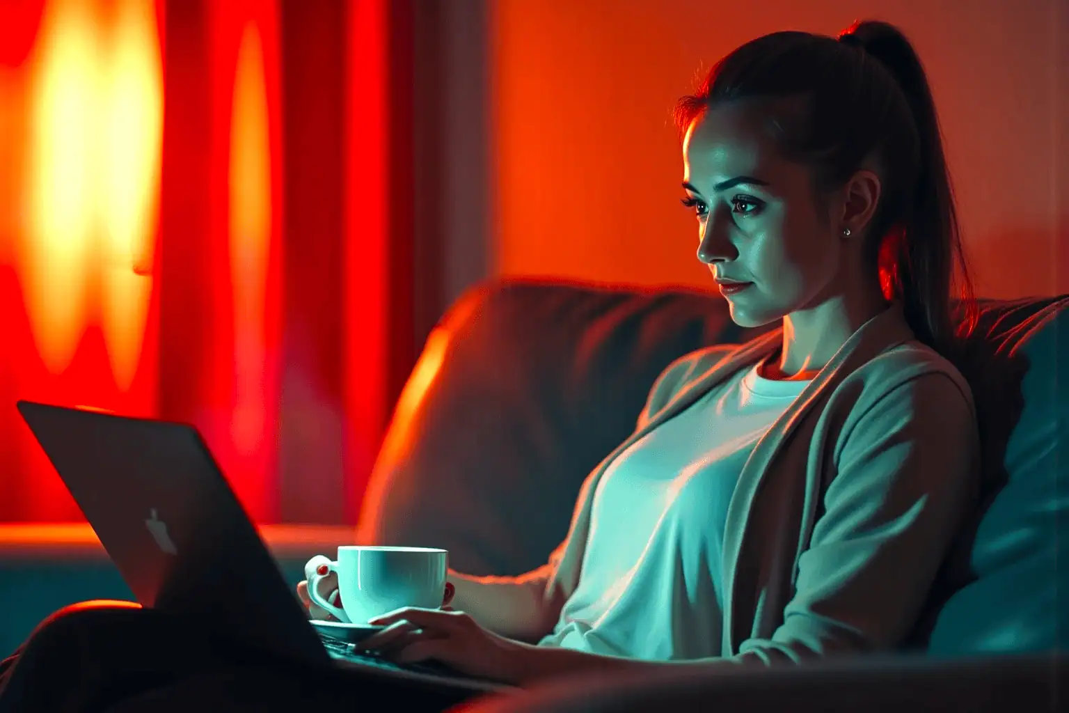 Žena na gauči s notebookem na kolenech - generováno AI