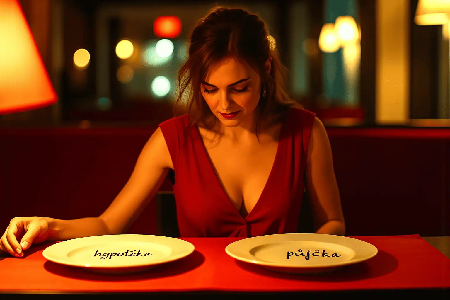 Žena v restauraci vybírající si mezi talíři - generováno AI