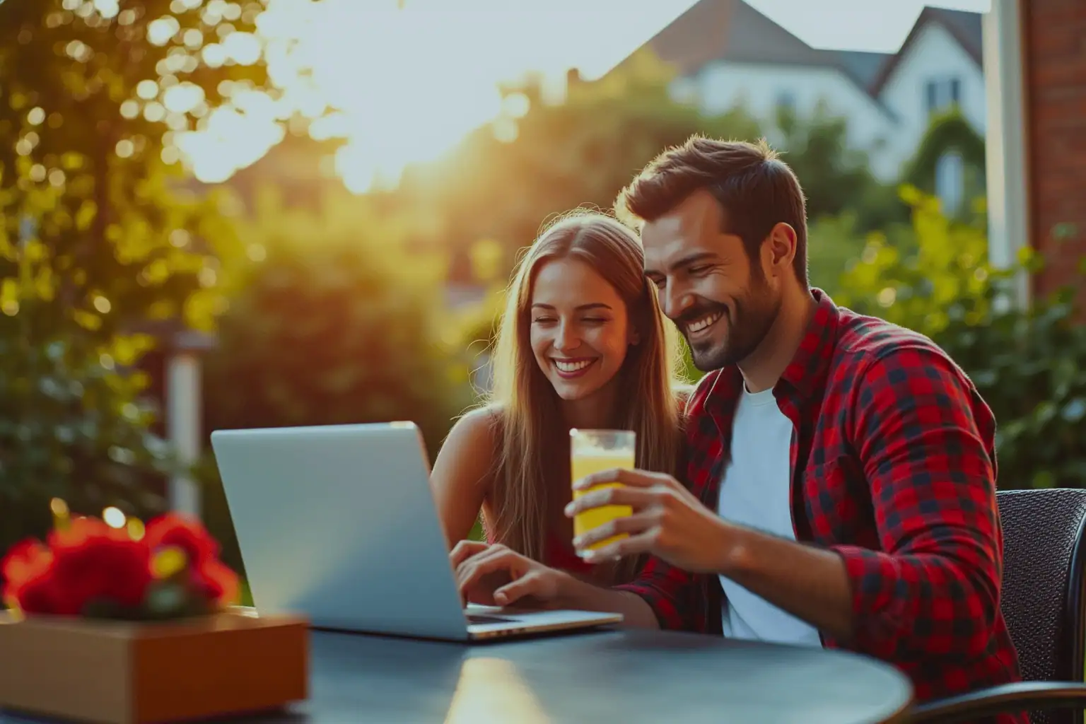 Mladý pár se směje nad notebookem na zahradě, v ruce sklenice džusu - generováno AI
