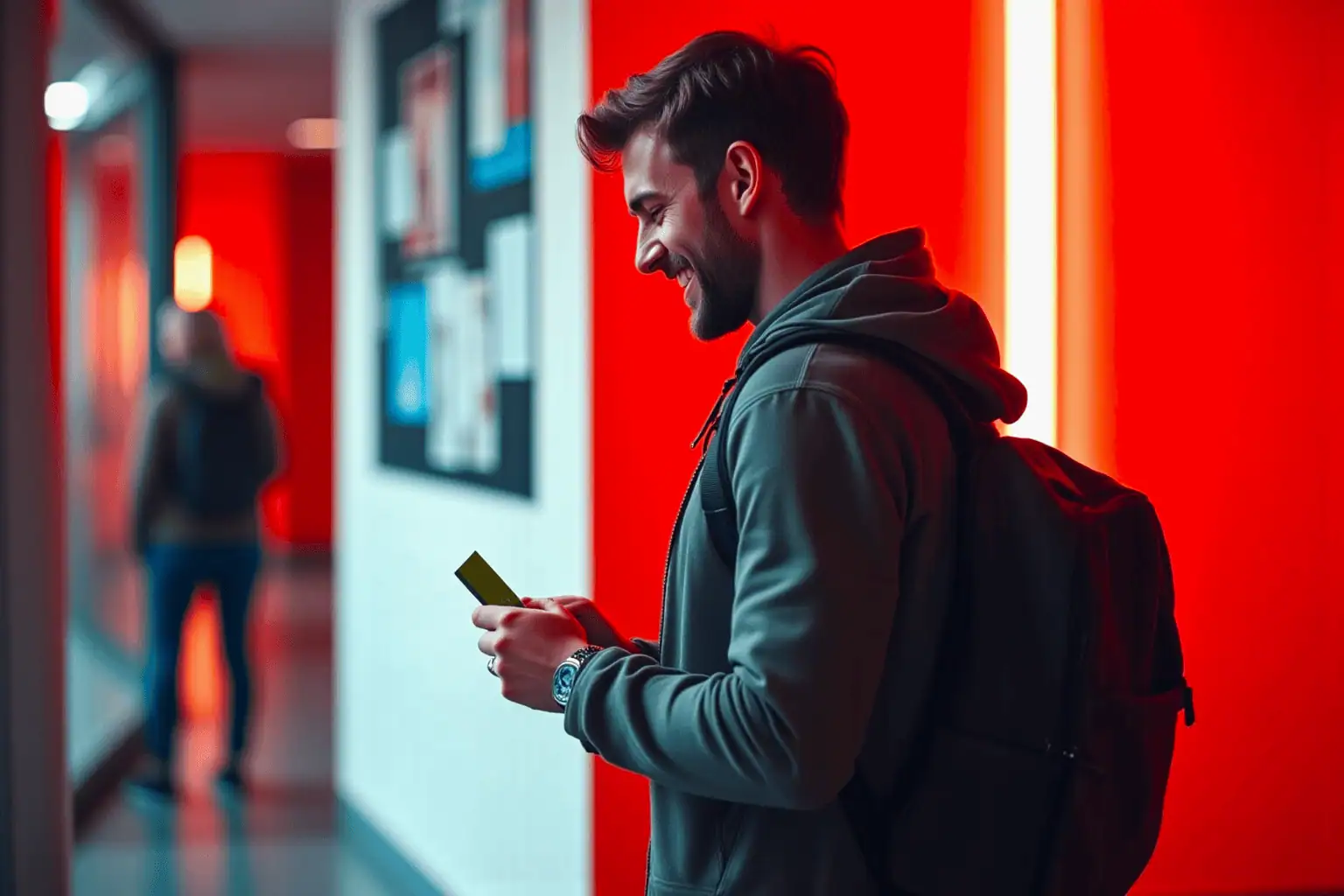 Student s batohem stojí v univerzitní chodbě a s úsměvem drží studentskou průkazku - generováno AI