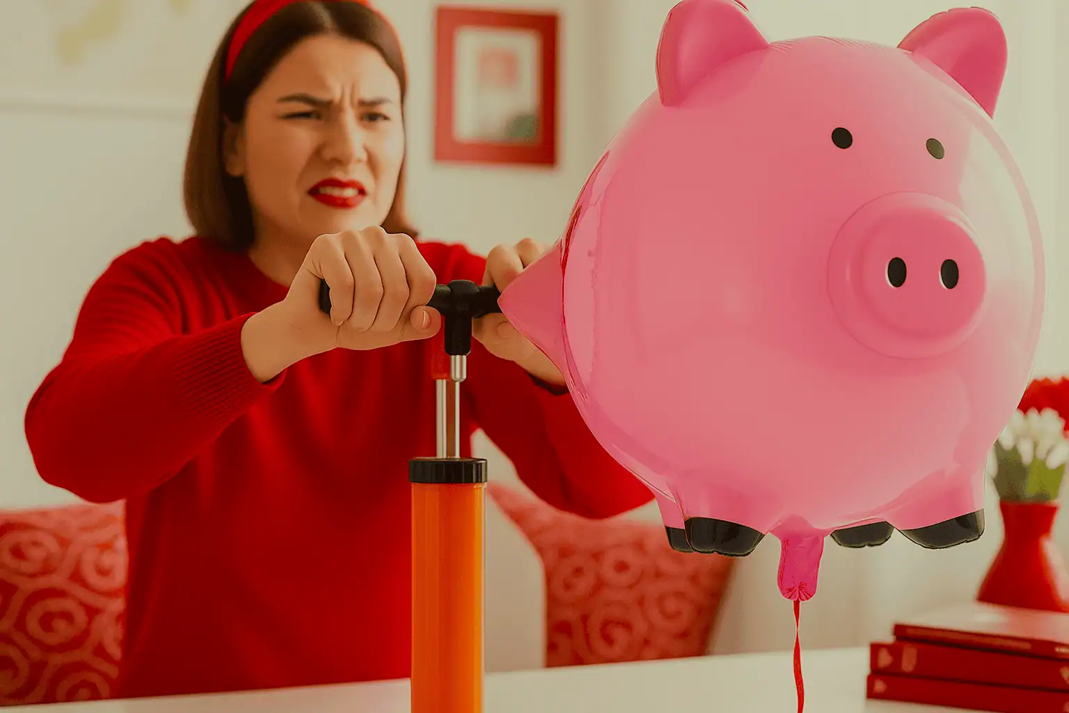 Žena v červeném pumpuje nafukovací prasátko–pokladničku, která je už téměř prasklá - generováno AI