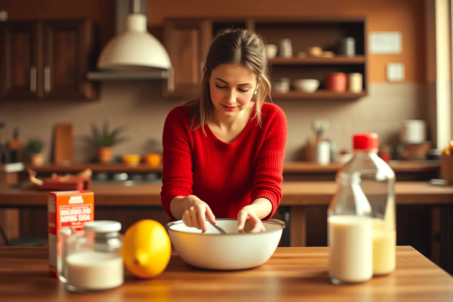 Mladá žena v kuchyni míchá ingredience v míse na výrobu domácí kosmetiky - generováno AI