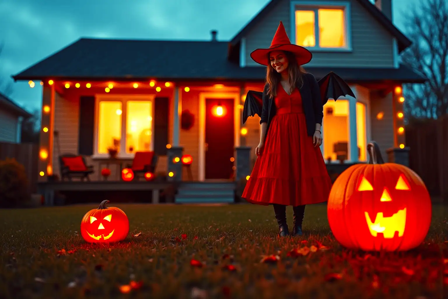 Žena v kostýmu čarodějnice před domem s dýněmi a halloweenskou výzdobou - generováno AI