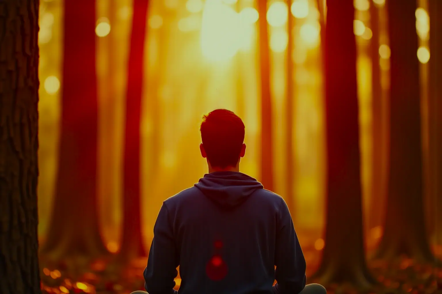 Meditace v lese při západu slunce - generováno AI