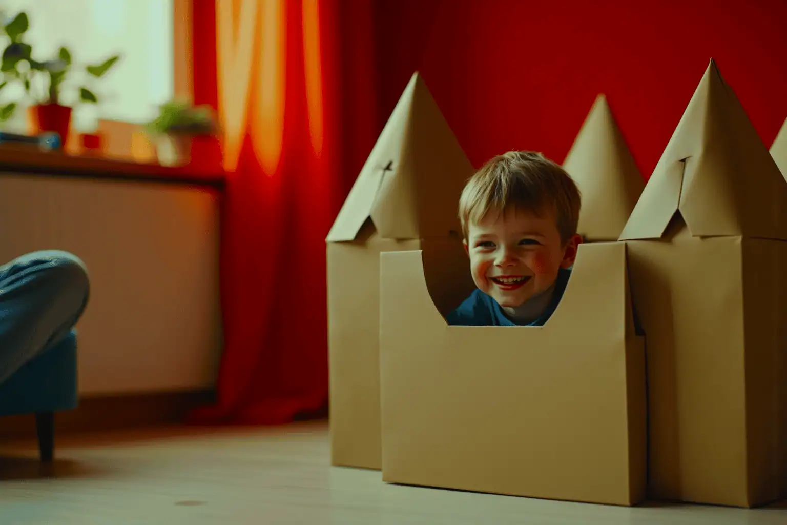 Chlapec v kartonovém hradu – generováno AI