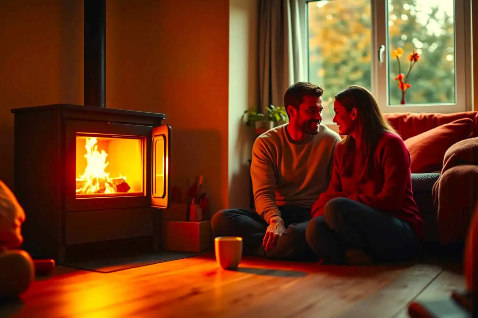 Mladý pár sedí na podlaze u moderních krbových kamen, usmívají se na sebe - generováno AI