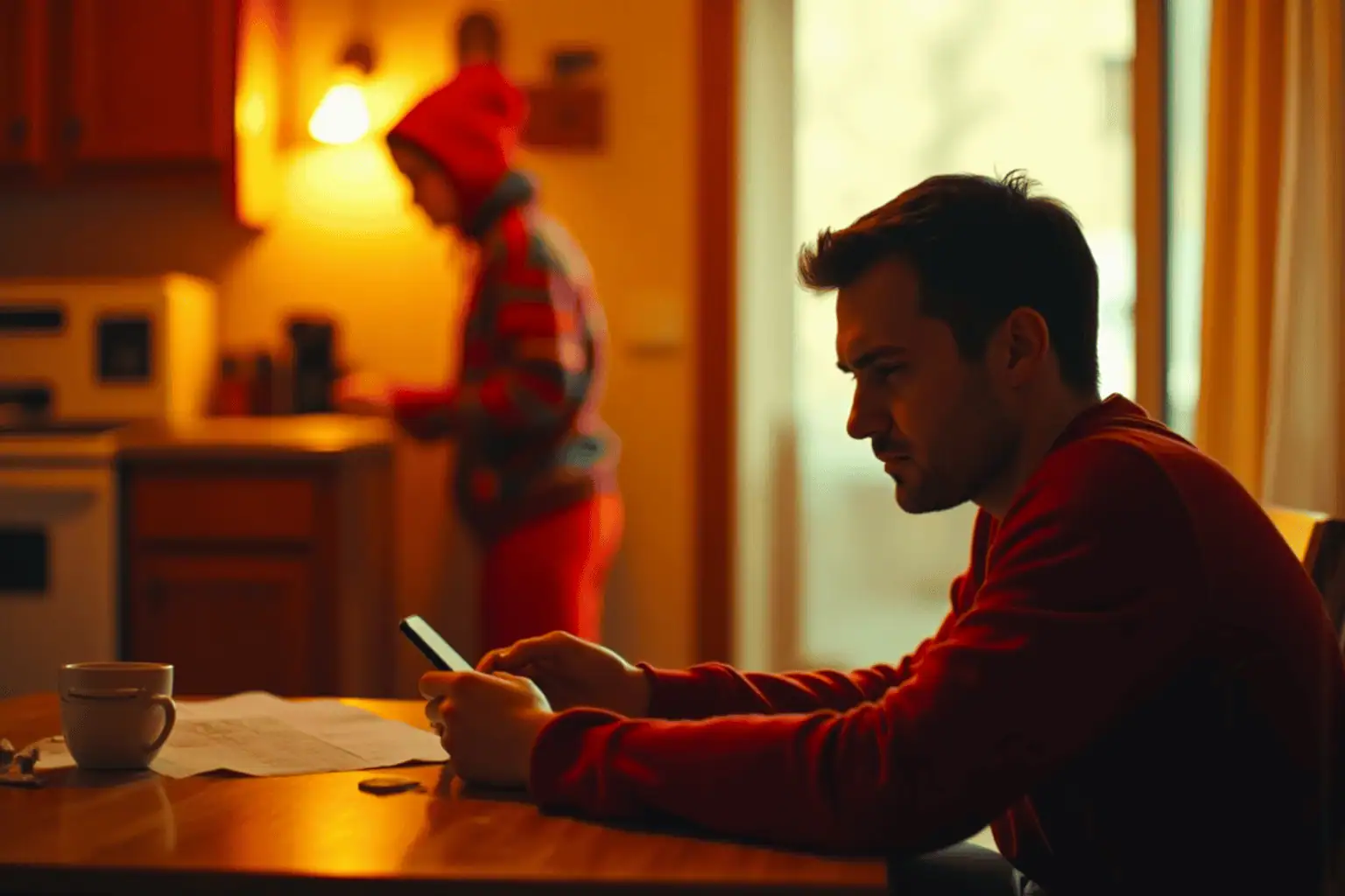 Muž zamyšleně sedí u stolu s mobilem v ruce, vedle něj leží nezaplacené účty