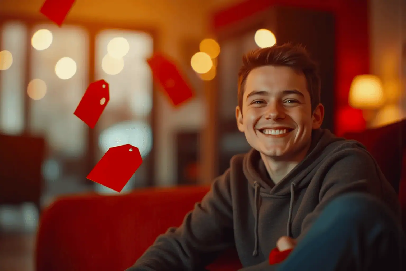 Usměvavý mladík sedí doma, kolem něj létají červené cenovky - generováno AI 