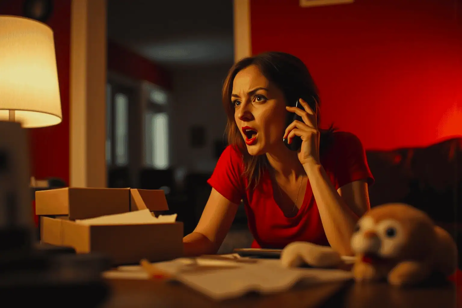 Nahněvaná žena telefonuje u stolu plného krabic a papírů, v popředí rozbitý plyšák - generováno AI 