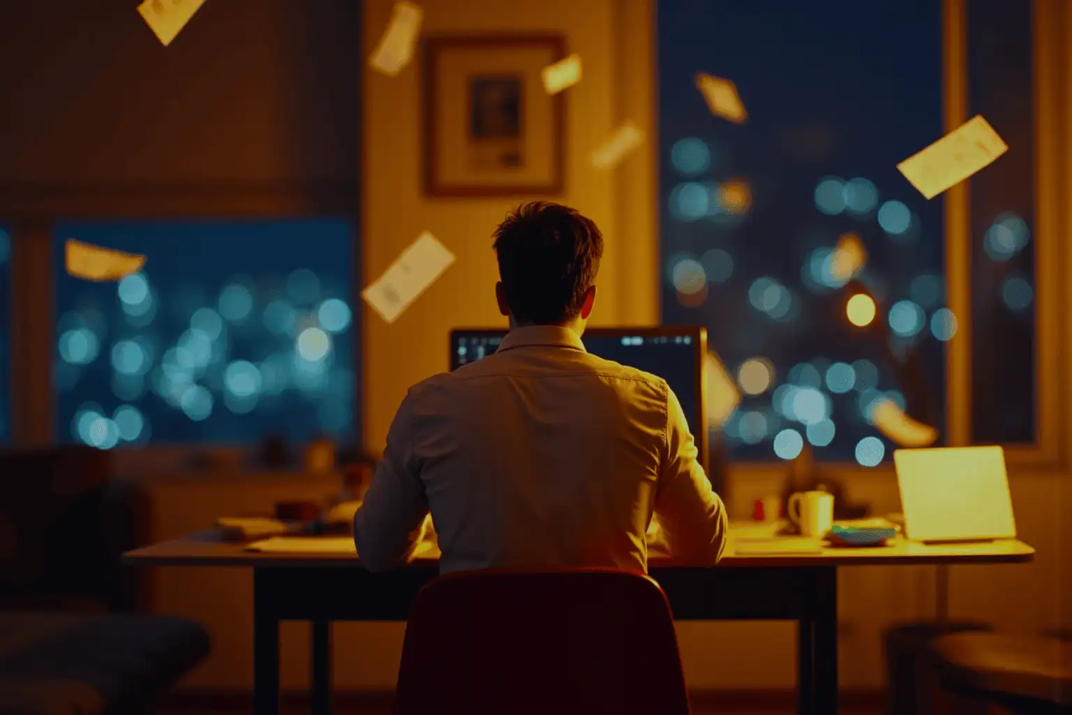 Muž sedící večer u počítače v domácí kanceláři, kolem něj poletují účtenky, za oknem noční město - generováno AI