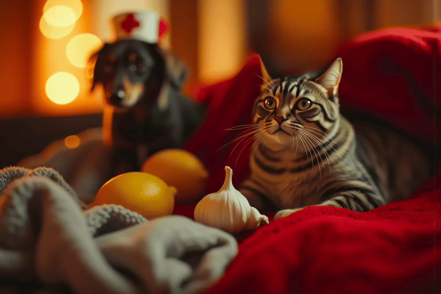 Kočka leží na dece s česnekem a citrony, za ní je pes s čepicí zdravotníka - generováno AI 