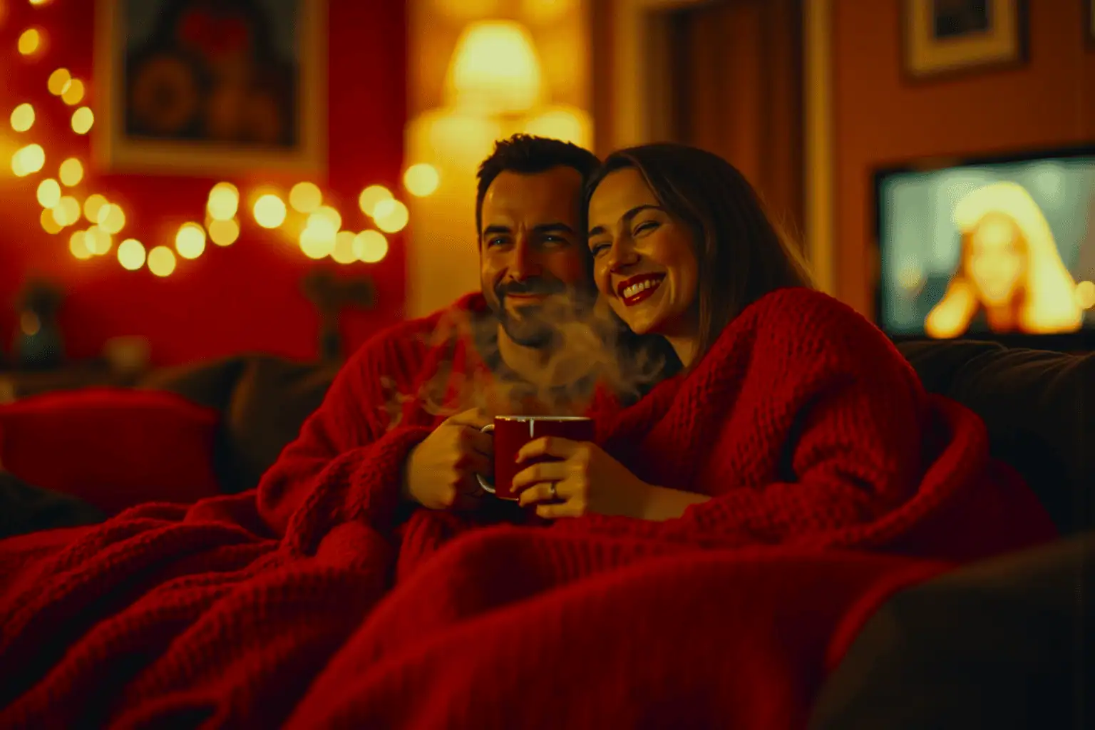 Zamilovaný pár pod dekou s hrnky horkého nápoje, podzimní atmosféra a rozmazané světýlka v pozadí - generováno AI