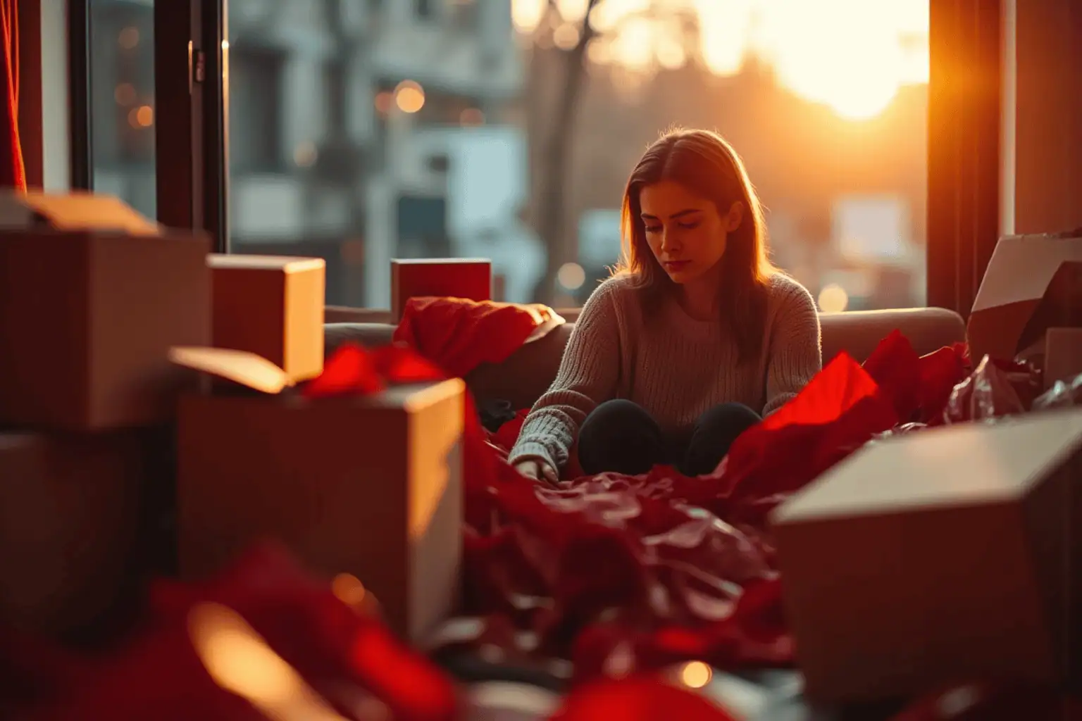 Žena sedí mezi krabicemi a balicím papírem - generováno AI