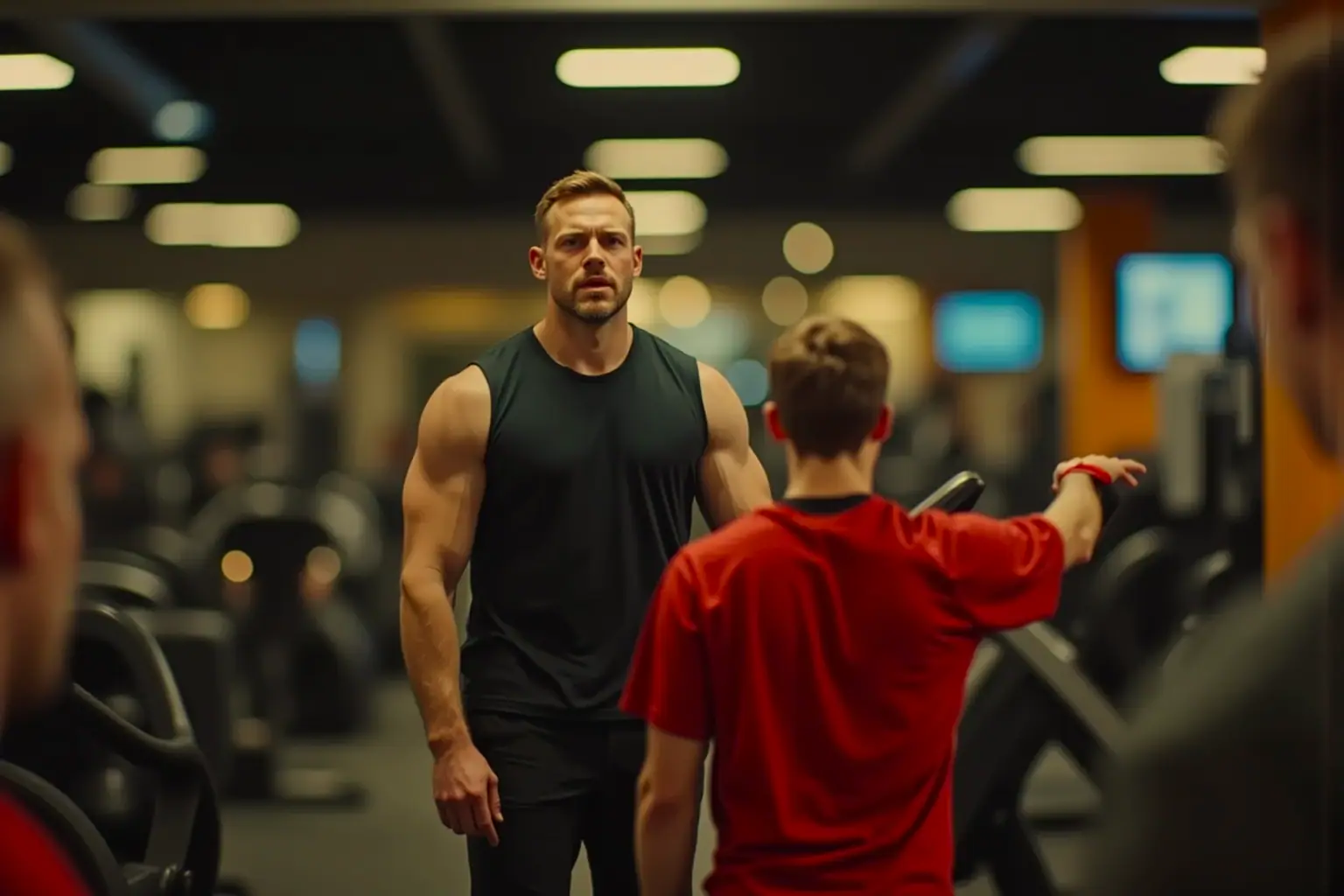 Trenér ukazuje směr, svalnatý muž stojí v posilovně - generováno AI