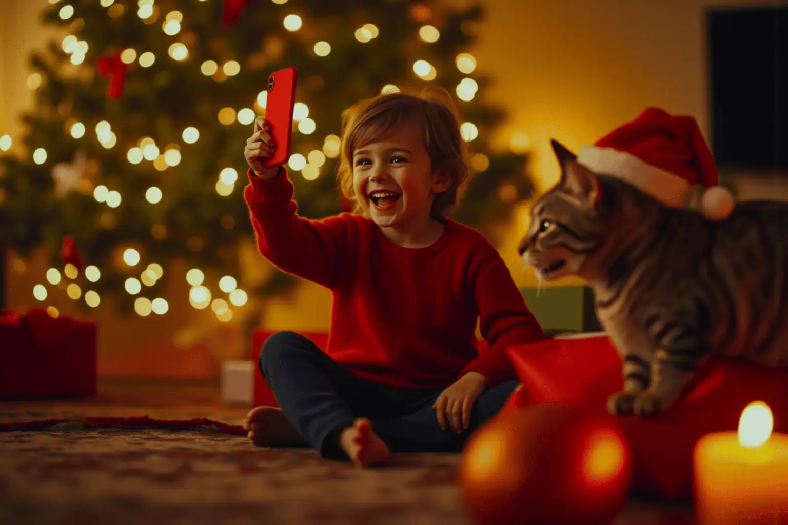 Veselé dítě ukazuje nový mobil u vánočního stromku, vedle něj kočka se santovskou čepicí - generováno AI 