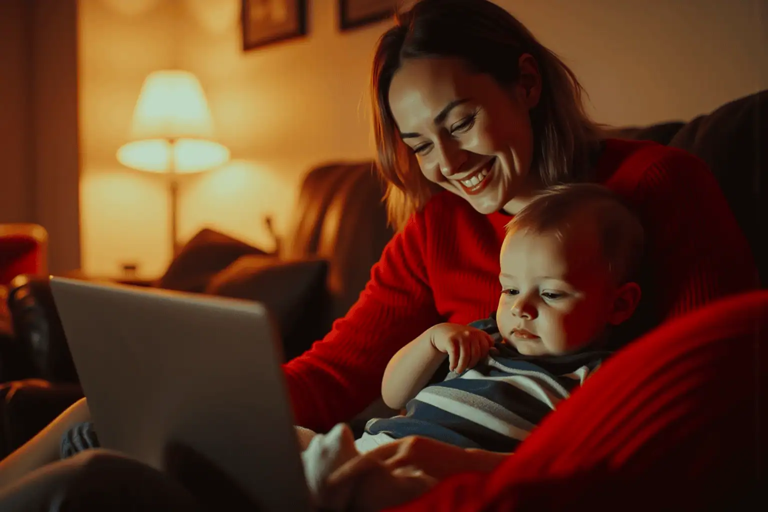 Usměvavá maminka s miminkem na klíně sledují notebook - generováno AI