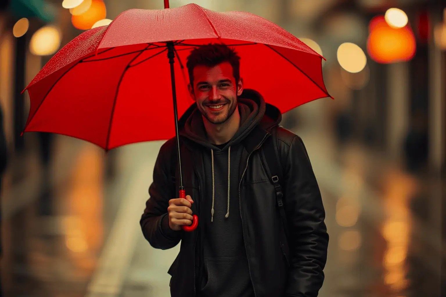 Muž se směje pod červeným deštníkem ve městě za deště - generováno AI