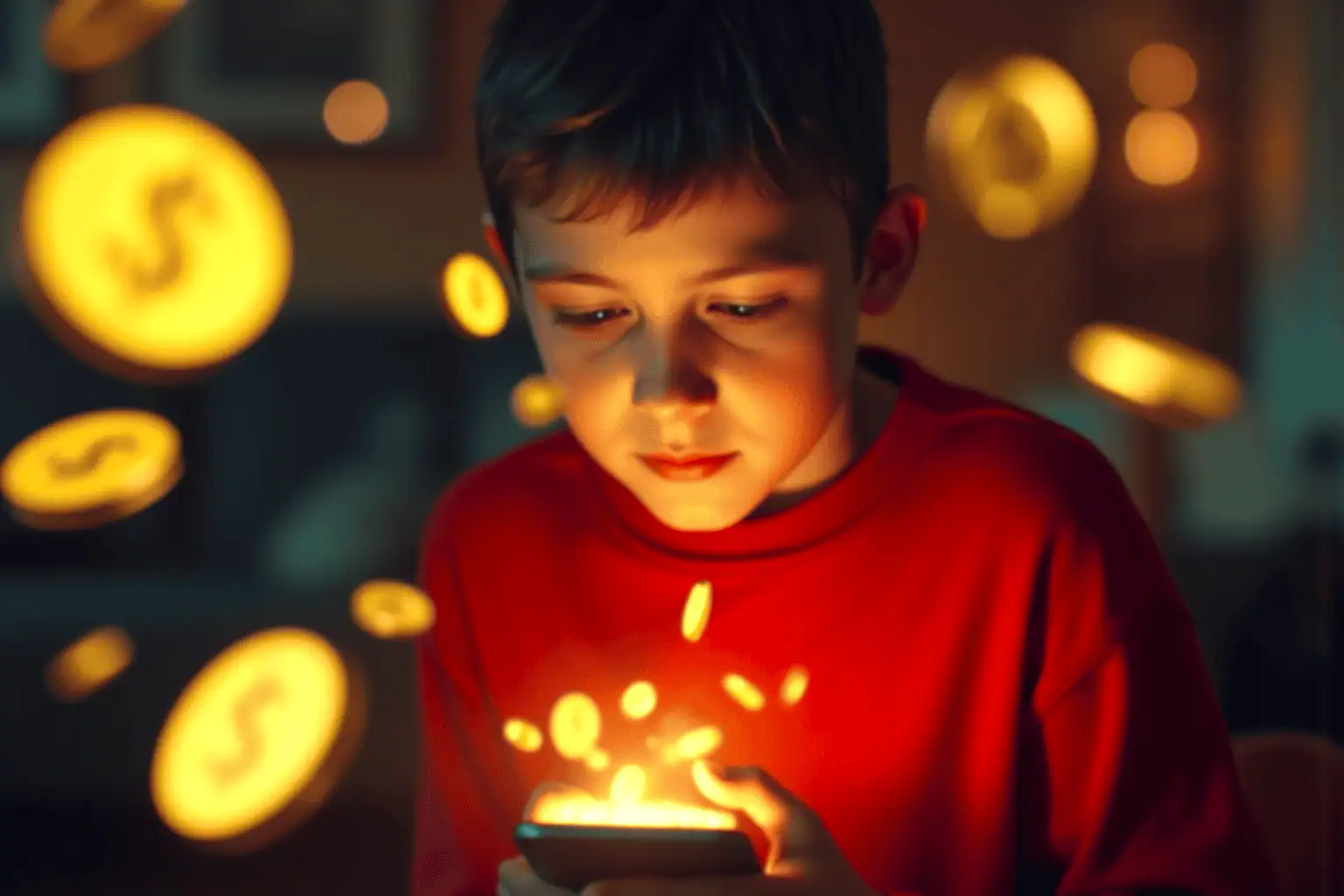 Dítě sleduje mobilní telefon, kolem něj létají zlaté mince - genrováno AI 
