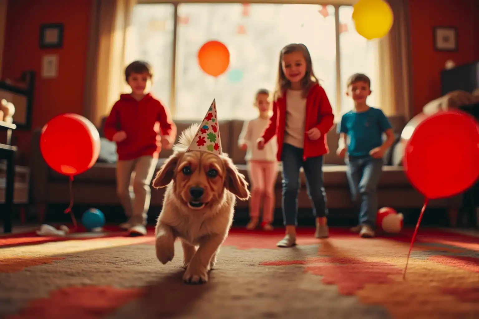 Pes s party čepicí běží před dětmi na narozeninové oslavě - generováno AI 