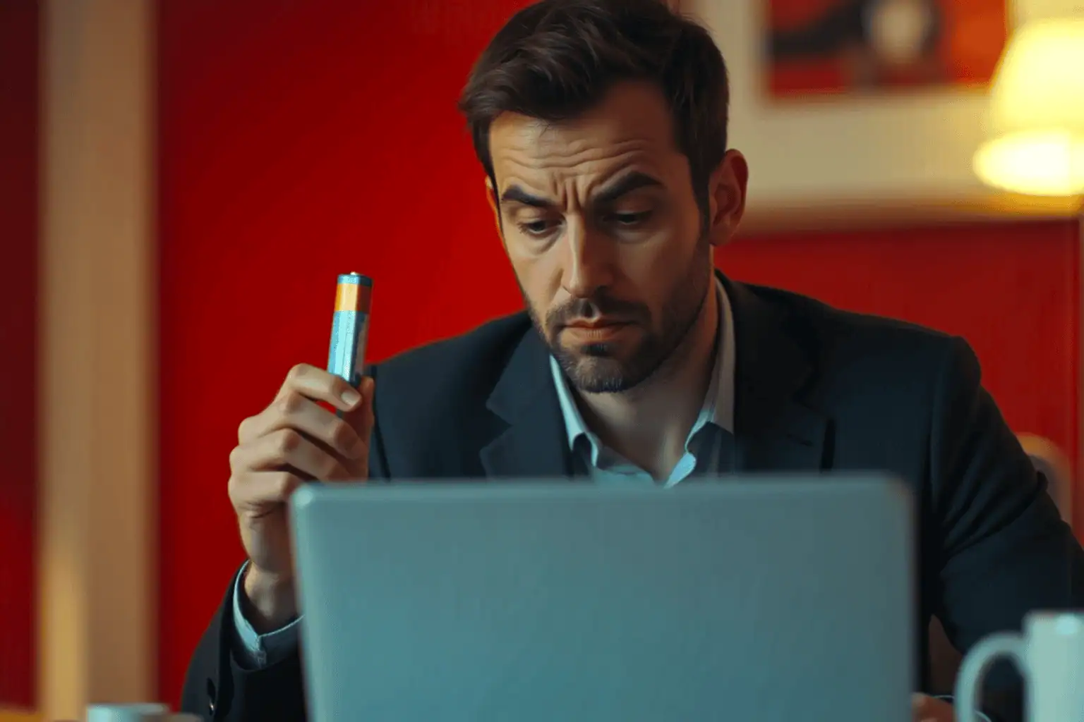 Muž v kanceláři drží baterii - generováno AI