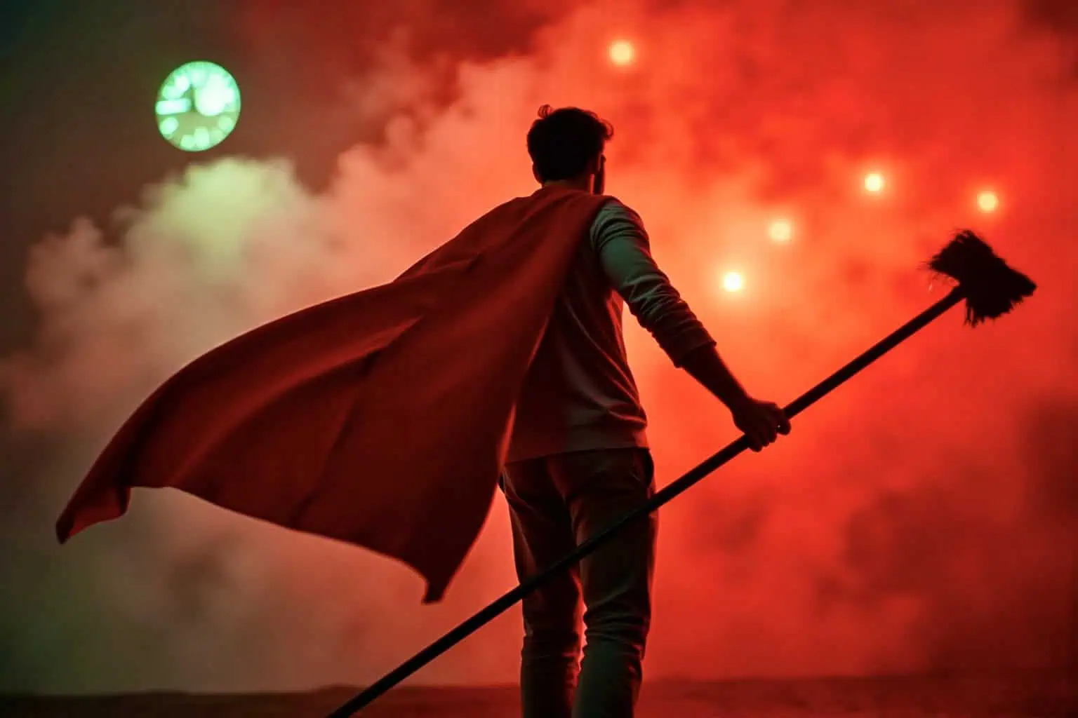 Hrdina s pláštěm v pozadí červený kouř - generováno AI