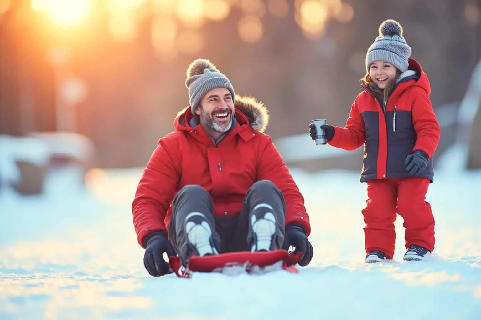 Otec s dítětem se smějí při sáňkování na sněhu - generováno AI