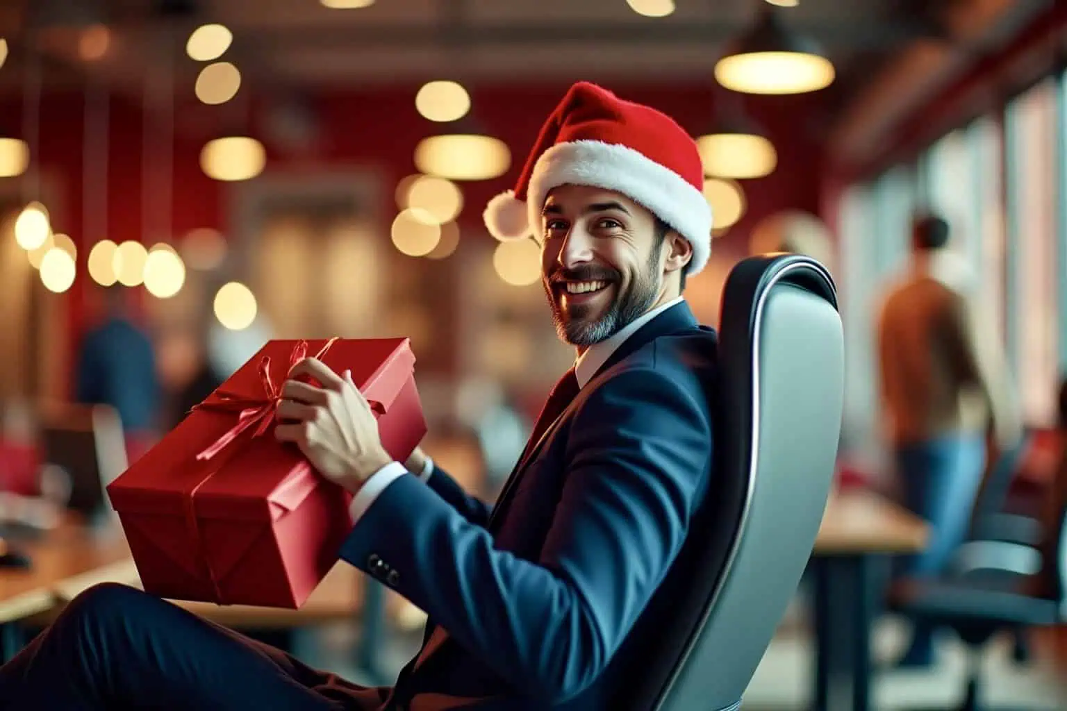 Muž držící dárek v kanceláří - generováno AI