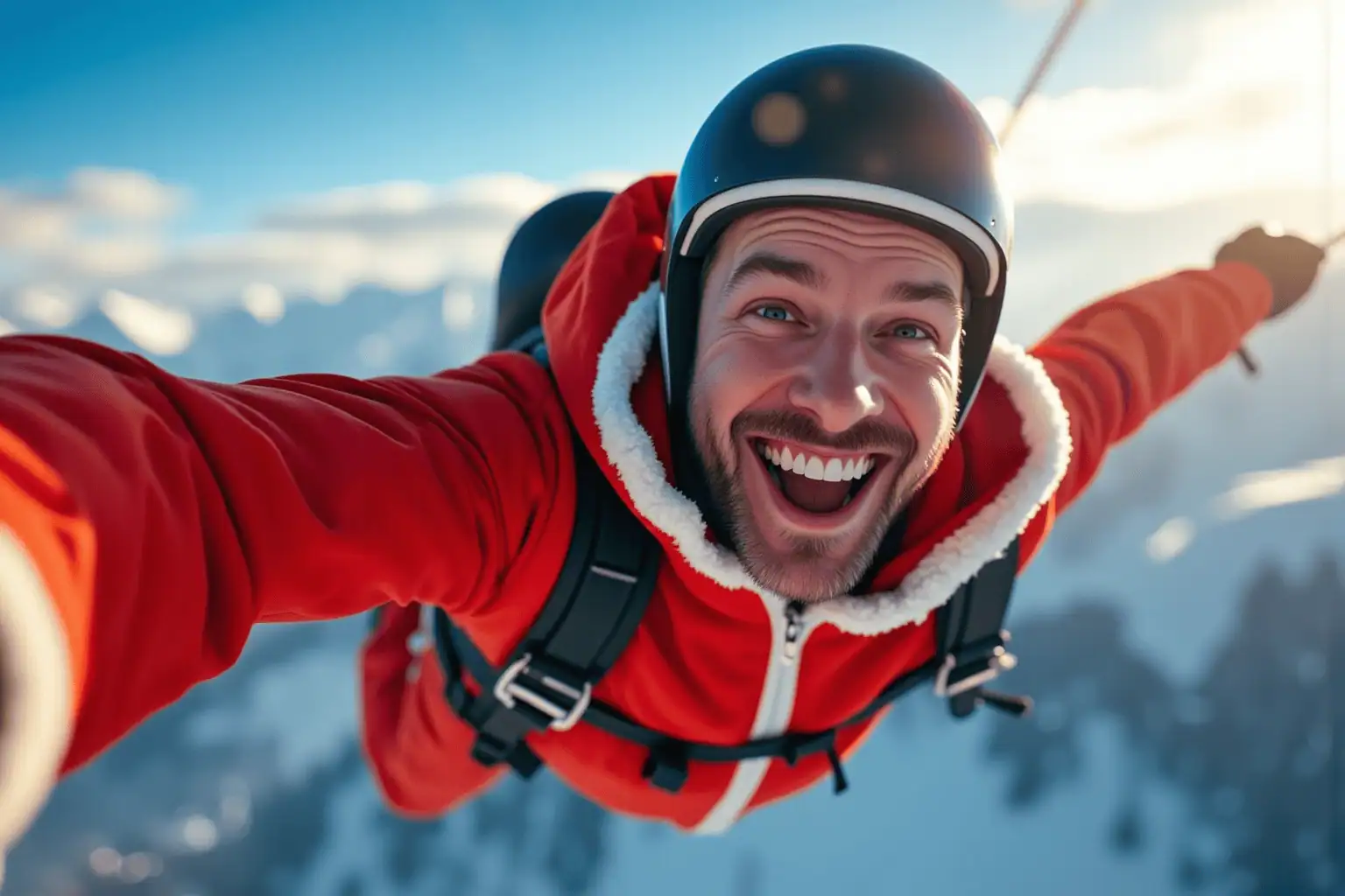 Muž v červené kombinéze ve vzduchu- generováno AI